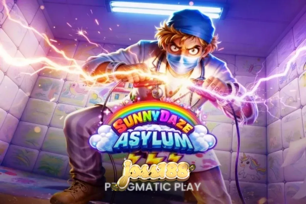 Tampilan visual slot Sunnydaze Asylum dengan tema neon dan simbol-simbol unik.