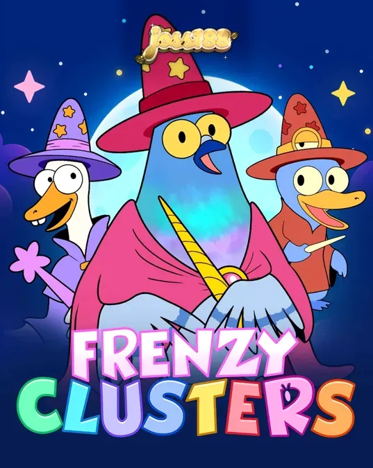 Tampilan layar utama slot Frenzy Clusters dengan karakter pahlawan dan grid 7x7